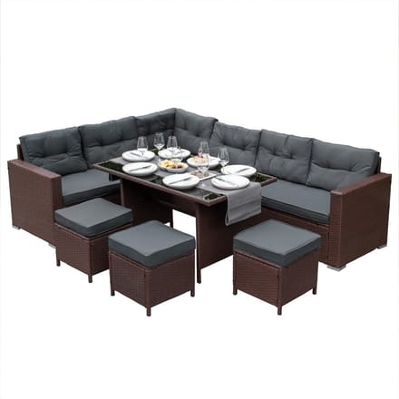 Jardí polyrattan hoekmeubelset - bruin - 9-zits - 9 cm dikke kussens