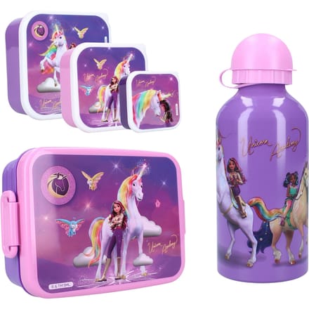 Unicorn Academy lunchset; lunchbox, snackbox en drinkfles