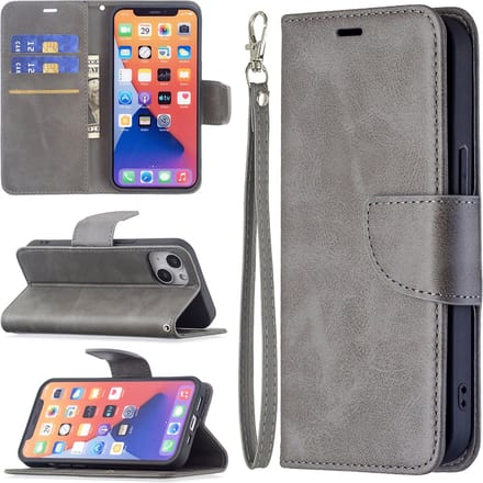 MobyDefend Hoesje - Geschikt voor iPhone 13 - Wallet Book Case Met Koord - Grijs