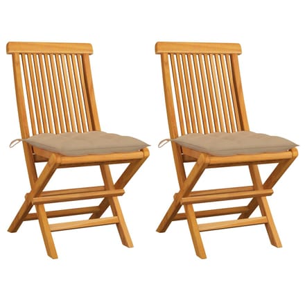 vidaXL - Opklapbare - stoelen - met - beige - kussens, - 2 - stuks, - massief - teakhout