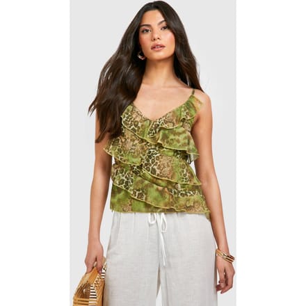 boohoo Dames Snake Printed Ruffle Chiffon Cami | Groente | Maat: 38