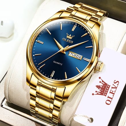 HO-6898.g-bl : Olevs basic goudkleurig edelstaal quartz horloge, blauwe wijzerplaat, dagnaam, kalenderdag