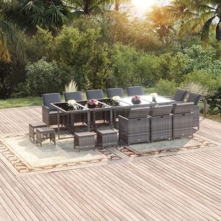 vidaXL - 15-delige - Tuinset - met - kussens - poly - rattan - grijs
