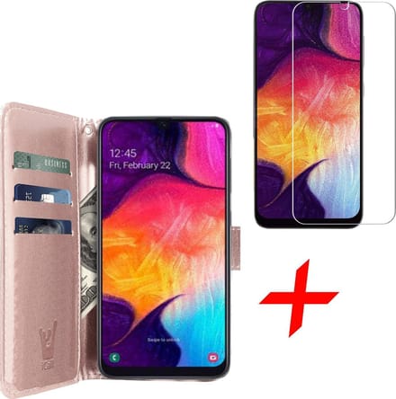 Hoesje geschikt voor Samsung Galaxy A30s - Screen Protector GlassGuard - Book Case Kunstleer Pasjeshouder Rosegoud & Screenprotector