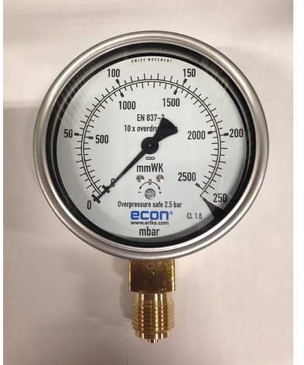 gAvilar Manometer 0-250 mbar RVS 100mm met 1/2 inch BSP Onder Aansluiting