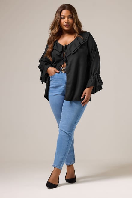 Yours Zwarte Blouse Met Ruches En Strik Aan De Voorkant Size 48