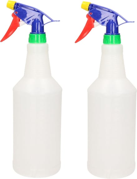 PlasticForte Waterverstuiver - 2x stuks - 1 liter - transparant - gekleurde spuitkop - spuitfles