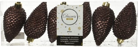 Decoris Kersthangers dennenappels - 6x st - donkerbruin - glitter - 8 cm - kunststof - kerstversiering