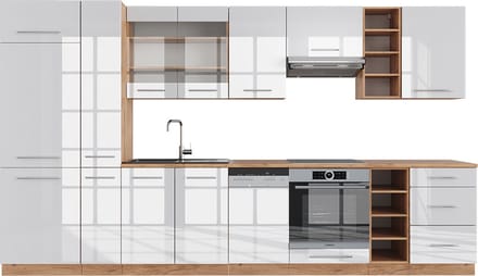 Vicco Fame-Line Complete keukeneenheid – 355 cm, WB Eik Wit hoogglans/goud power eiken