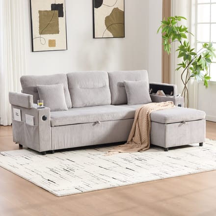 STILVORA Sofa - Moderne 3-Persoons Cordsofa - Met Hydraulische Chaiselongue & USB-C - Voor Woonkamer - Lichtgrijs