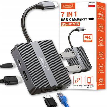 USB-C 7in1 USB 3.0 HDMI-adapter 4K 60Hz Displaypoort Gigabit RJ-45 1000M Zenwire BS-HP706