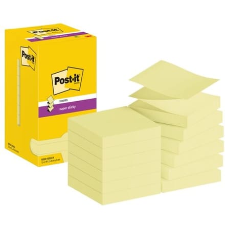 Super Sticky Z-Notes Post-it R33012SY, voor Z-Notes dispenser, 12 pads, 90 vellen per pad, 76 x 76 mm elk, PEFC-gecertificeerd, geel