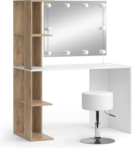 Vicco Kaptafel Tower, Wit/Sonoma, 122.2 cm met spiegel, LED-lichtslinger en kruk