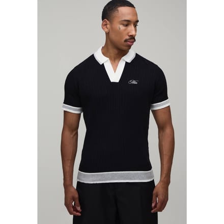 Heren Boxy Kabel Geborduurde Gebreide Polo | Black | Size Small