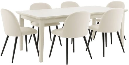Venedig eethoek eettafel wit 95x180/276 met 2 stuks extra plaat 6 stoelen fluweel beige.