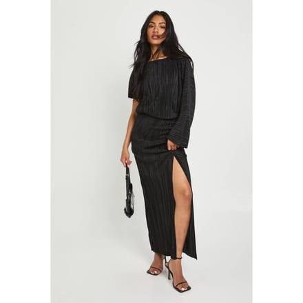 boohoo Dames Plisse Gerufelde Gespleten Maxi Jurk | Black | Maat: 8