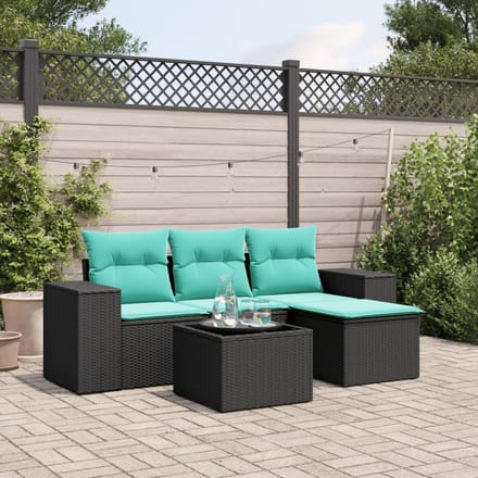 vidaXL - 5-delige - tuinbankset - met - kussens - van - zwart - polyrotan