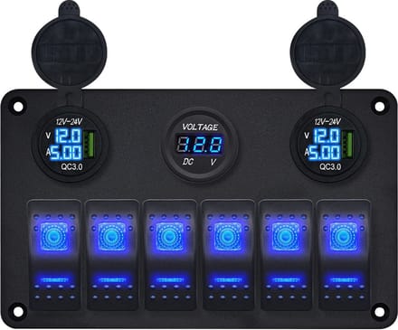 ProRide Schakelpaneel 12V voor Auto/Boot - USB Lader 2 Poorten met Voltmeter/Ampèremeter - QC3.0 - 6 Schakelaars