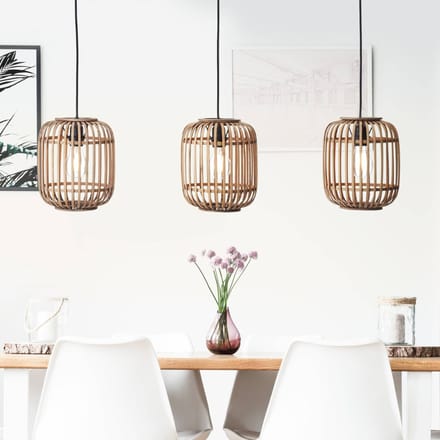 Brilliant Woodrow hanglamp, lengte 105 cm, licht hout, 3-lamps, bamboe