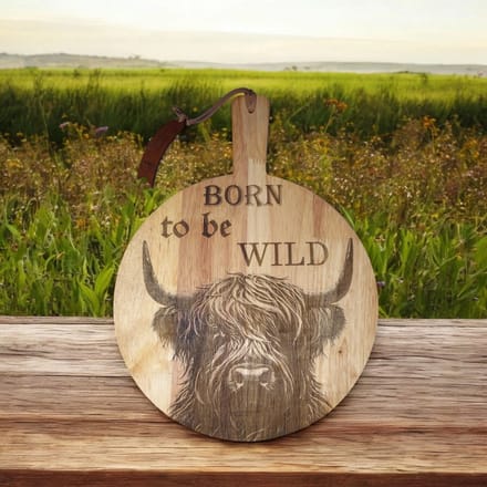 Baardmans Creaties - Luxe plantaardig geoliede serveerplank rond - Schotse hooglander - born to be wild