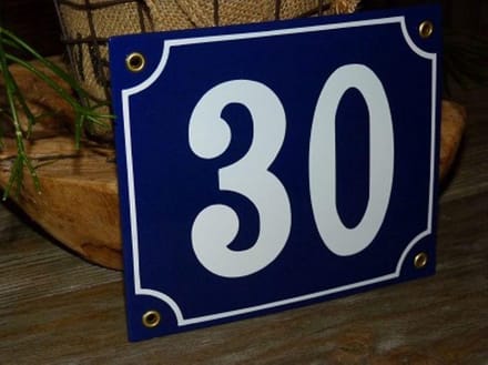 Emaille huisnummer 18x15 blauw/wit nr. 30