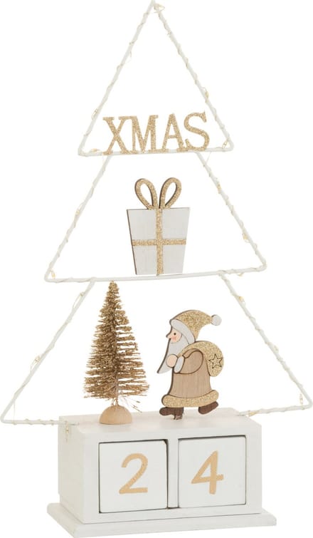 J-Line decoratie Kerstboom Kalender - hout - wit/goud - LED lichtjes