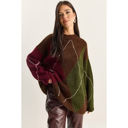 Oversized Gebreide Ruitpatroon Trui