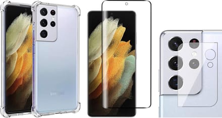 Hoesje geschikt voor Samsung Galaxy S21 Ultra - Screenprotector GlassGuard & Camera Lens Screen Protector - Back Cover Case ShockGuard Transparant
