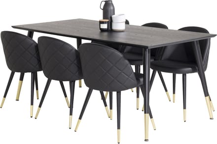 Dipp180x90BLBR eethoek eetkamertafel zwart en 6 Velvet eetkamerstal PU kunstleer zwart.