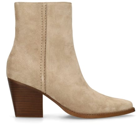 Manfield - Dames - Beige suède enkellaarsjes met hak - Maat 37