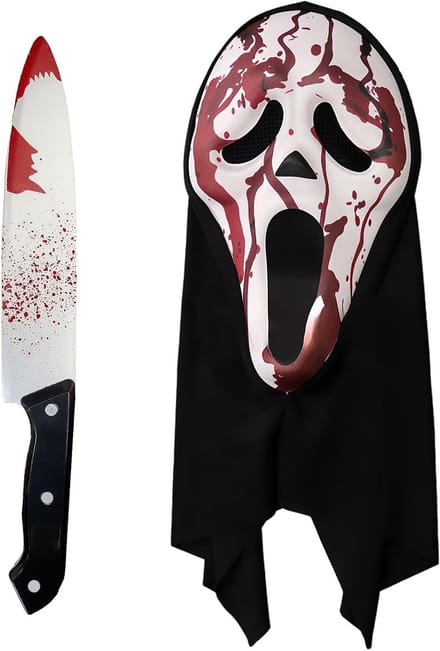Scream Mask met Plastic Blade, Bloedig Ghostface Masker, Eng Kostuum Accessoire voor Volwassenen