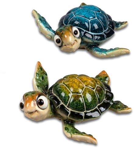 Schildpad - 2 set - Zwemmend - Decoratie - Groen - Blauw - Beeld - 12x13x5cm - Keramiek