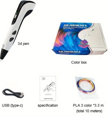 K&R Ventures 3D-pen met 3 kleuren PLA en oplader - Wit