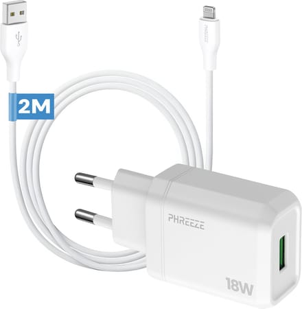 Phreeze usb lader geschikt voor iPhone en iPad met Lightning kabel - 2 meter lange usb kabel voor 14 13 12 11 x 7 6 pro plus max - 5 V 3 A usb adapter