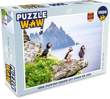 Puzzel Drie puffins kijken uit over de zee - Legpuzzel - Puzzel 1000 stukjes volwassenen