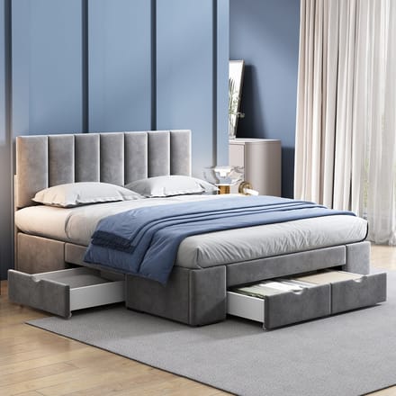 Gestoffeerd Bed - 140x200 cm - Met Lattenbodem en 4 Lades - Fluweel - Grijs