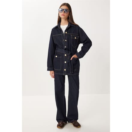 Gecoate Spijkerjack met Taille en Wijde Pantalon Twee-Delige Set