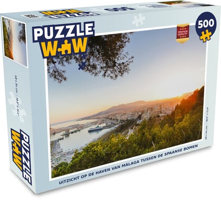 Puzzel Uitzicht op de haven van Málaga tussen de Spaanse bomen - Legpuzzel - Puzzel 500 stukjes