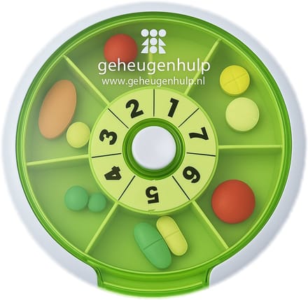 Ronde pillendoos – 7 vakjes – Drukknop – Groen – 9 cm – Geheugenhulp
