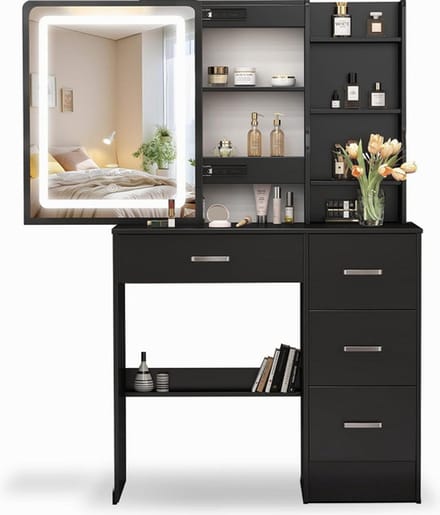 Make-uptafel met professionele LED-verlichting - Make-uptafel 80 cm met uitschuifbare spiegel, geïntegreerde opbergruimte, zwart
