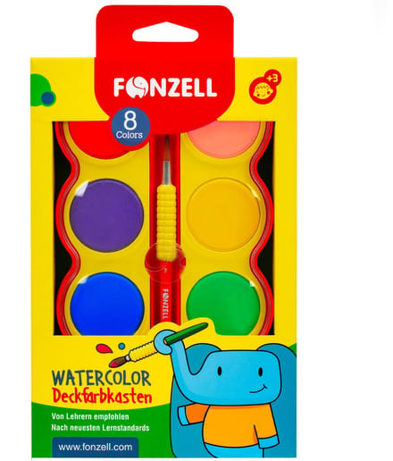 Fonzell Waterverf Set – 8 kleuren – heldere kinderverf met penseel