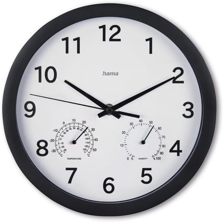 Stille Wandklok met Hygrometer en Thermometer, Ø 25 cm, Zwart