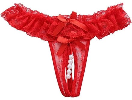 Sexy Rode Kanten String met Open Kruis en Stimulerende Parels - Dames Lingerie Maat M