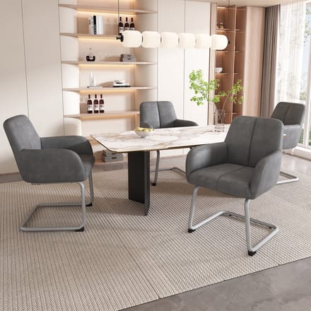 Wishdor Eetkamerstoelenset - Met Armleuningen - Ergonomisch Ontwerp - Gebogen Stalen Poten - Grijs - Set Van 4