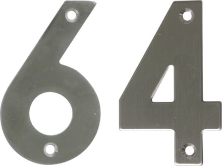 AMIG Huisnummer 64 - massief Inox RVS - 10cm - incl. bijpassende schroeven - zilver