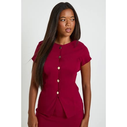 boohoo Dames Bengaline Top met Korte Mouwen en Knoopsluiting | Bordeaux Rood | Maat: 38