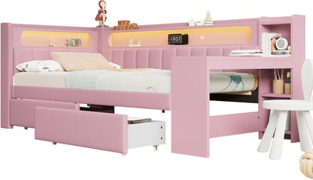 Gestoffeerd bed 90x200 cm - dagbed met geïntegreerd bureau - USB-aansluitingen - LED-verlichting in 7 kleuren - 2 laden - roze