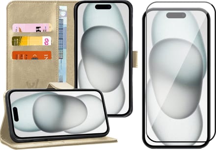 Hoesje geschikt voor iPhone 15 - Screen Protector FullGuard - Book Case Kunstleer Pasjeshouder Goud & Screenprotector