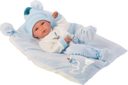 Llorens blanke pop BIMBO CON COJIN CELESTE met muts 35cm
