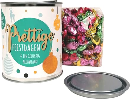 Kerst cadeautje, blik Prettige Feestdagen, gevuld met zuurtjes